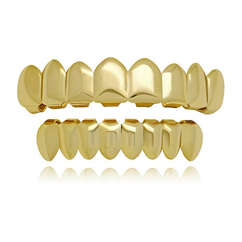 LuReen 8 Teeth Grillz 14k Gold Top and Bottom Grills Set Shiny Hip Hop Teeth Grillz + Extra Molding Bars for Halloween Costume Cosplay