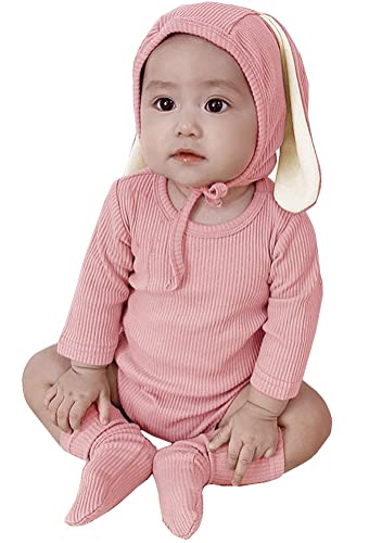 AGQT Baby Girls Easter Bunny Outfit Set Halloween Costume Rabbit Ear 3PCS Long Sleeve Animal Romper with Socks and Bunny Hat Pink Size 6-12 Months