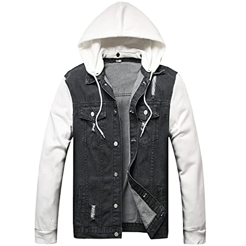 LZLER Hoodie Jean Jacket for Men, Casual Slim Fit Mens Denim Jacket with Hood(7710Black,L)