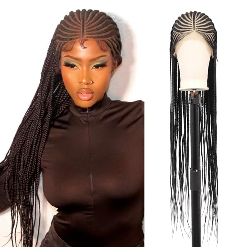 Roiifur 13X8 HD Lace Front Braided Wigs for Women Cornrow Braided Wigs Box Braid Lace Wigs with Baby Hair Middle Part Synthetic Lace Frontal Braids Wig 36 Inch Black