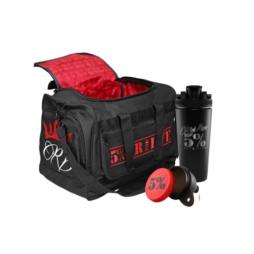 Rich Piana 5% Nutrition Gym Bag Bundle | Sports Duffle Bag + Stainless Steel Insulated Shaker Bottle + Protein Powder Storage Funnel (Deluxe 3 Item Kit)