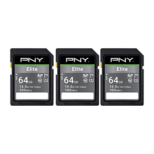 PNY 64GB Elite Class 10 U1 V10 SDXC Flash Memory Card 3-Pack - 100MB/s Read, Class 10, U1, V10, Full HD, UHS-I, Full Size SD (P-SD64GX3U1100EL-MP)