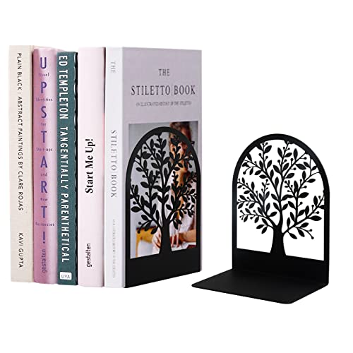 Metal Bookend, Tree of Life bookend for Shelves, Home Decorative Bookends for Heavy Books, Black Non-Skid Book Stopper, 7 x 5.5 x 3.5 inch (1 Pair)