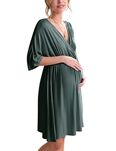 Ekouaer Delivery Gown Womens Short Sleeve Maternity Nursing Sleepwear (Dark Green, Large)
