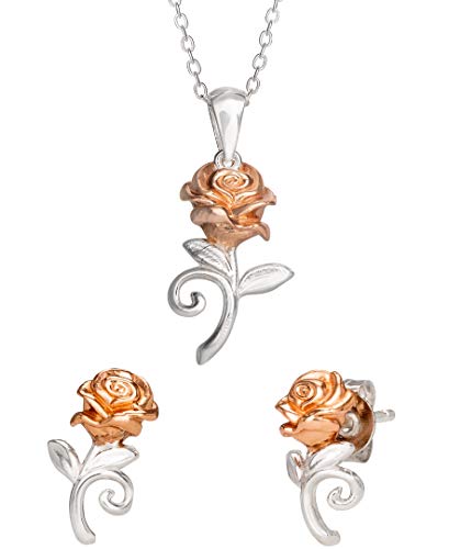 Disney Beauty and the Beast Jewelry Set, Belle Enchanted Rose Necklace and Earrings, Sterling Silver,15'+2' extender
