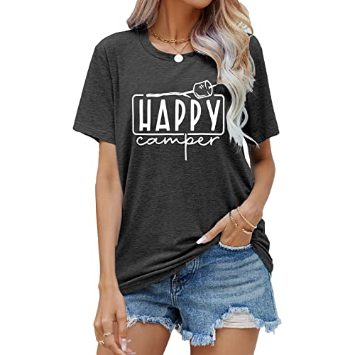 Happy Camper Shirts Womens Marshmallow Graphic Shirts Camping Casual Summer Tee Tops(Grey,X-Large)