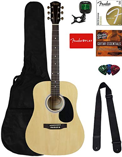 Fender Squier Dreadnought Acoustic Guitar - Natural Bundle with Gig Bag, Tuner, Strap, Strings, Picks, Fender Play Online Lessons, and Austin Bazaar Instructional DVD