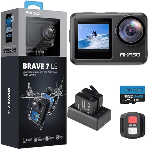 AKASO Brave 7 LE 4K30FPS 20MP WiFi Action Camera with Touch Screen EIS 2.0 Zoom Remote Control 131 Feet Waterproof Camera Support External Microphone with 64GB U3 MicroSDXC Memory Card (Bundle)