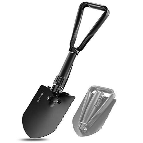 REDCAMP Military Folding Camping Shovel，High Carbon Steel Entrenching Tool Tri-fold Handle Shovel with Cover，Black 2.5lbs