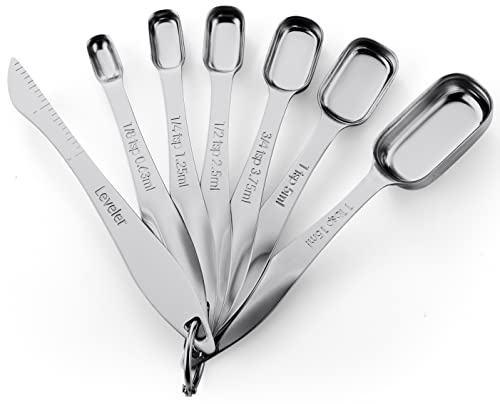 Spring Chef Heavy Duty Stainless Steel Metal Measuring Spoons Set for Dry or Liquid, Fits in Spice Jar, Set of 7 Including Leveler