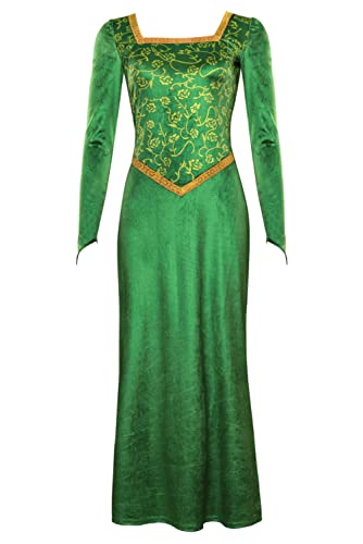 Chahouk Women's Fiona Cosplay Costume Green Dress with Long Sleeve Adult Princess Fiona Dress Gown Halloween Party Outfit