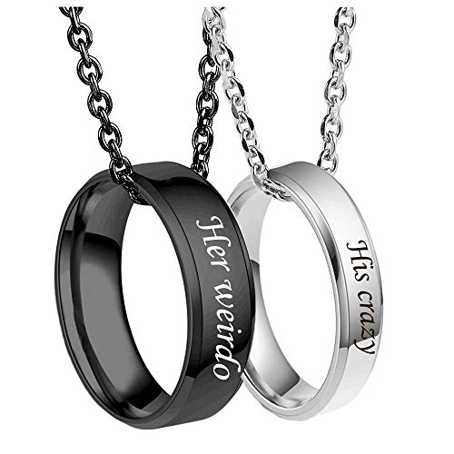 MJartoria Matching Necklaces for Couples-His Crazy Her Weirdo Engraved Ring Pendant Necklaces Anniversary Valentines Day Gifts for Boyfriends Girlfriends