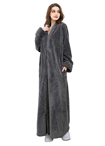 Hellomamma Womens Robes Warm Plush Winter Robe, Zip up Long Fleece Bath Robes Female, Zipper Bathrobes for Women