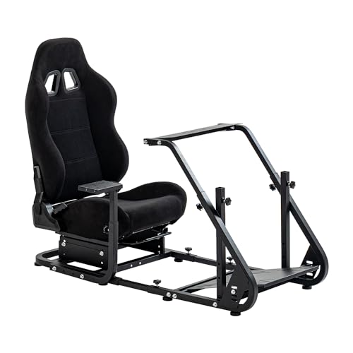 Marada Monitor Mounting Racing Sim Cockpit with Black Seat Fit for Fanatec/PXN/Thrustmaster/Logitech G25 G27 G29 G920,Adjustable Stable Frame with Gear Shifter Mount,Pedal & Wheel Not Include