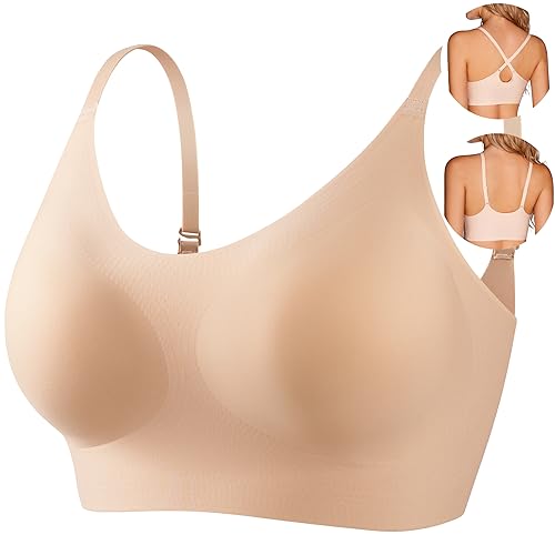 PRETTYWELL Bralettes for Women Padded, Cross-Back Bras for Women Wirefree, Seamless Comfortable Bra with Adjustable Straps (Nude, L)