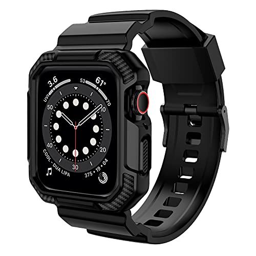 OROBAY Compatible with Apple Watch Band 45mm 44mm 42mm with Case, Shockproof Rugged Band Strap for iWatch SE SE2 Series 9/8/7/6/5/4/3/2/1 45mm 44mm 42mm with Bumper Case Cover Men Women, Matte Black
