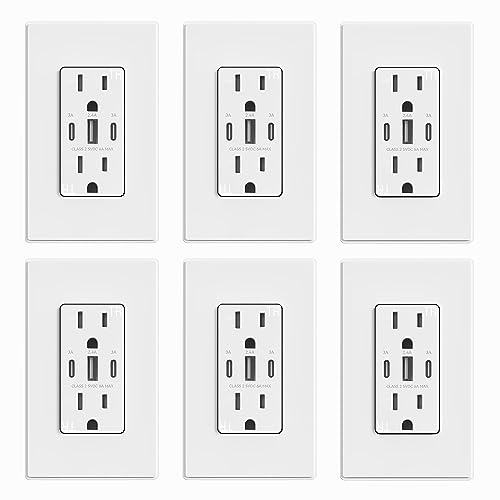 ELEGRP USB Outlets, 30W 6.0 Amp USB C Outlets Receptacles, 3-Port USB Wall Outlet, 15 Amp Tamper-Resistant Outlet with 2 USB C Ports, UL Listed, Screwless Wall Plate Included, 6 Pack, Matte White