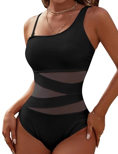 Blooming Jelly Women's Sexy One Piece Bathing Suits One Shoulder Swimsuits Slimming Mesh Swimwear (Medium, Black)