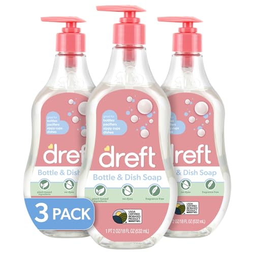 Dreft Bottle and Dish Soap, Plant-Based Ingredients and Fragrance Free Formula, Baby Bottle Wash, 18 Fl Oz (Pack of 3)