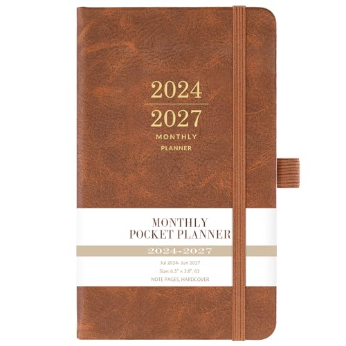 2024-2027 Monthly Pocket Planner - 3 Year Pocket Calendar, Faux Leather Cover, Jul 2024 - Jun 2027, 3.8' × 6.3', Pen Holder, 2 Bookmarks, Back Pocket