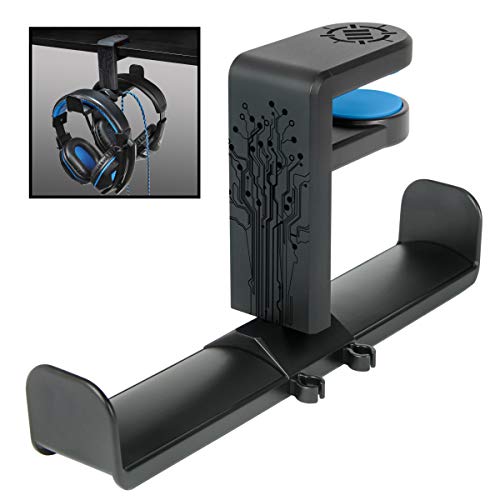 ENHANCE PC Gaming Dual Headphone Stand - Clip-On Desk Headphone Holder with Adjustable 360 Rotation, Under Desk Headset Holder, Universal Fit , & Double Cable Loops Organizer with Silicone Pads
