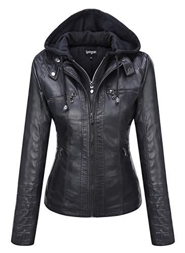 Springrain Women's Faux Leather Jacket Moto Biker Coat with Detachable Hood Motorcycle Jacket (Small, Black)