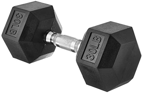 Amazon Basics Rubber Encased Exercise & Fitness Hex Dumbbell, Hand Weight For Strength Training, 30 lb, Black & Silver