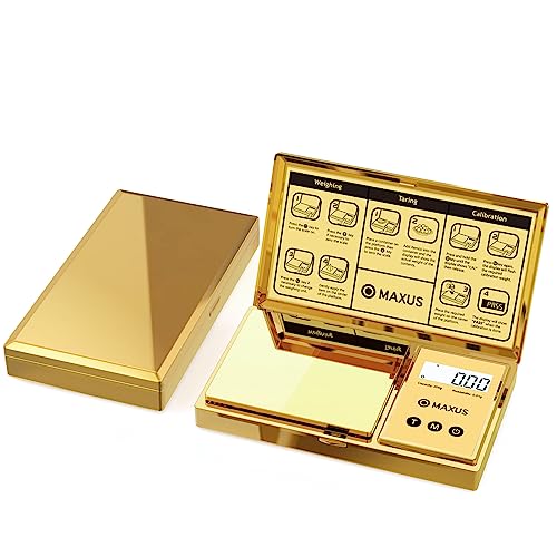 MAXUS Digital Gram Scale with 200g x 0.01g Capacity, Stylish Gold Plated Cover and Platform for Accurate and Precise Weighing of Jewelry, Grains, and Food in Grams and Ounces
