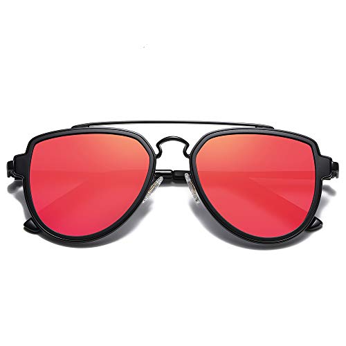 SOJOS Retro Polarized Double Bridge Sunglasses for Men Women Mirrored Lens SJ1051 with Black Frame/Red Mirrored Lens