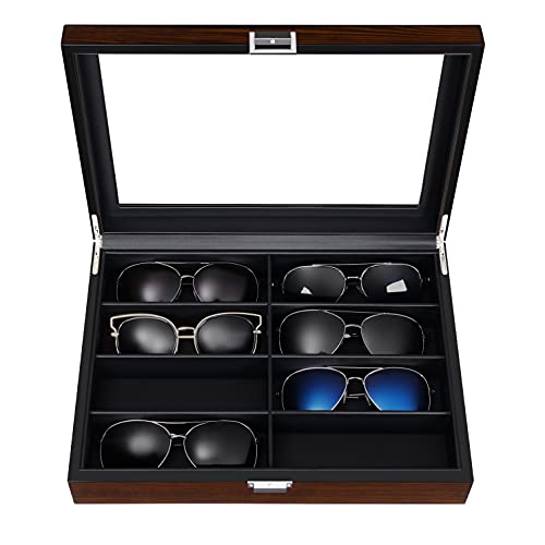 BEWISHOME Sunglasses Organizer, 8 Slot Sunglasses Case for Men, Eyeglasses Storage Box with Clear Glass Top, Smooth Faux Leather Interior, Brown SSH25Y