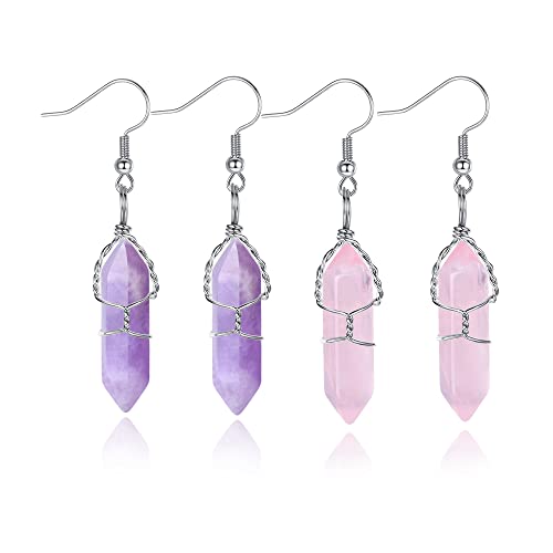 Healing Crystals Earrings Sets for Women Girls Rose Quartz Amethyst Silver Wire Wrapped Hexagonal Points Natural Quartz Stones with Fish Hook Energy Gemstones Yoga Spiritual Reiki Balancing Stones