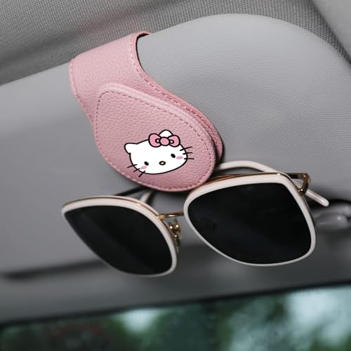FLYEEGO Sunglass Holder for Car Visor, Hello Pink Cat Anime Cute Kitty Cat Kawaii Cartoon Magnet Sunglasses Holder for car, Leather Car Sunglass Holder, Visor Sunglass Holder with Glasses Cards