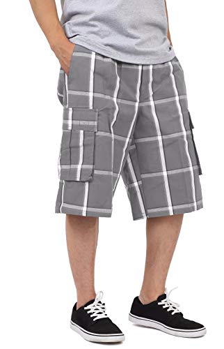Shaka Wear Men’s Cargo Shorts – Casual Plaid Relaxed Loose Fit Elastic Waist Multi Pocket Pants Regular Big Size SP1722 D.Grey 1X