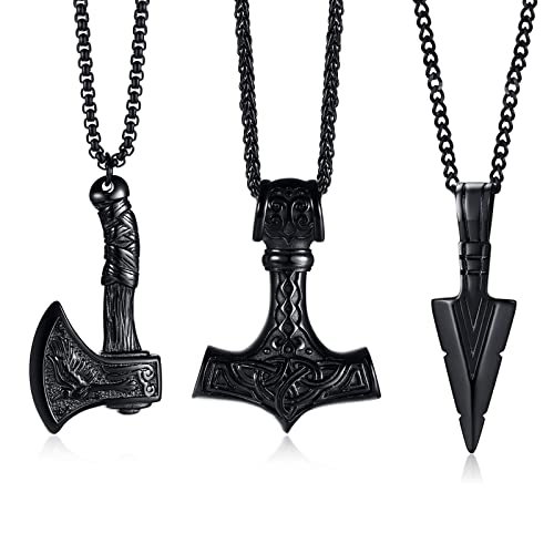 3 Pcs Norse Viking Necklace for Men - Thors Hammer Norse Mjolnir Amulet Pendant Necklace with Spearpoint Arrowhead Necklace Norse Viking Jewelry