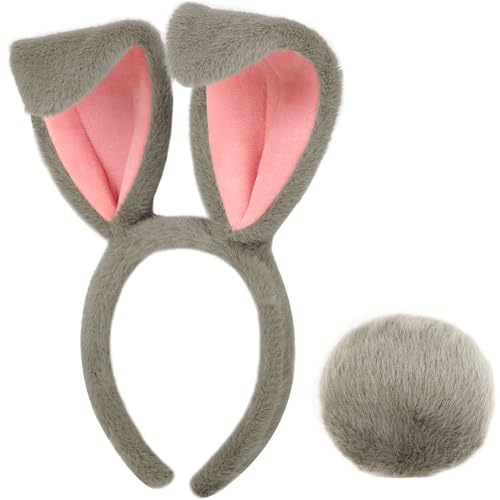 Easter Bunny Ears Headband and Tail Set, Grey Plush Easter Bunny Costume Accessories for Adults and Kids, Easter Rabbit Ears Headband Bunny Cosplay Dress up Party Supplies
