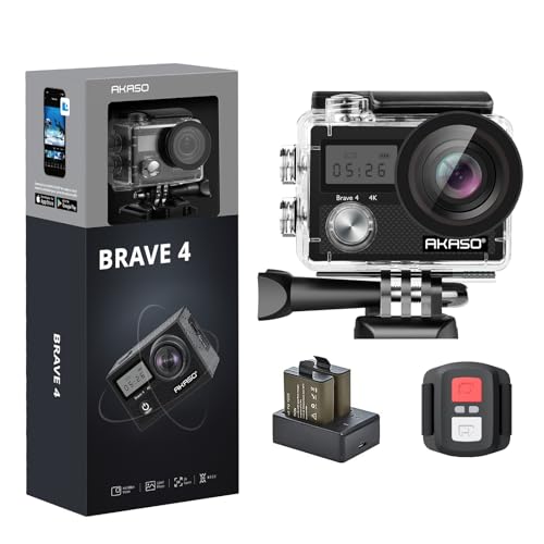 AKASO Brave 4 4K30fps 20MP WiFi Action Camera Ultra Hd with EIS 131ft Waterproof Camera Remote Control 5xZoom Underwater Camcorder with 2 Batteries and Helmet Accessories Kit