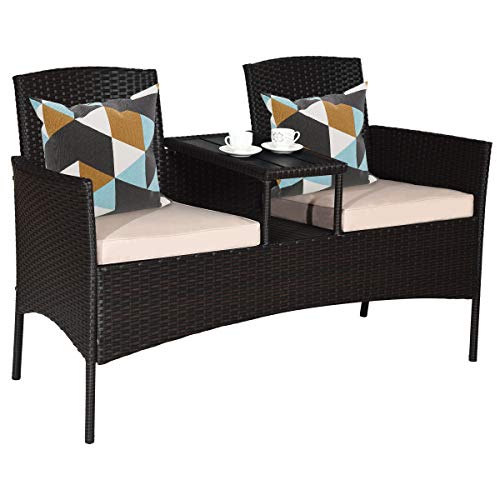 Tangkula Outdoor Rattan Loveseat, Patio Conversation Set with Cushions & Table, Modern Patented Wicker Sofa Set with Built-in Coffee Table, Rattan Sofas for Garden Lawn Backyard
