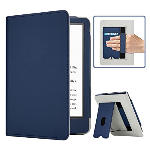 RSAquar New Kindle Paperwhite Case for 11th Generation eReader, 6.8” 2021 Edition, Premium PU Leather Cover with Auto Sleep Wake, Hand Strap, Card Slot, and Foldable Stand, Blue