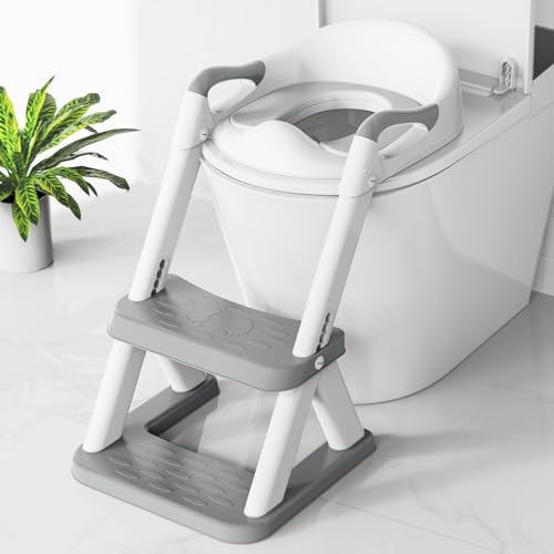 Potty Seat,Potty seat for Toilet with Step Stool Ladder,SKYROKU New Triangular Stabilized Base 2-in-1 Toddler Toilet Seat with Splash Guard, Anti-Slip Pad, and Step Stool (Grey)