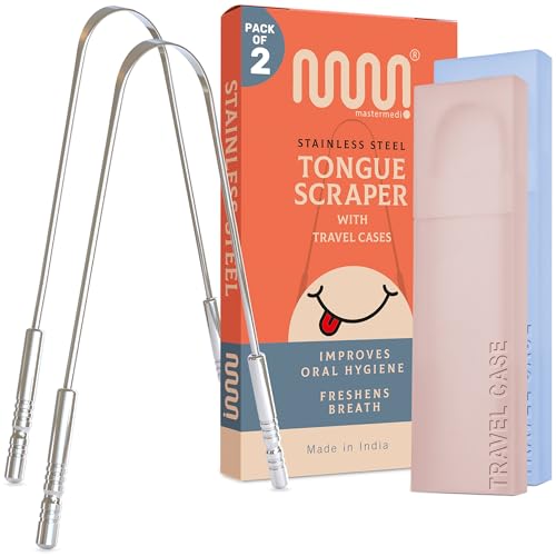 MasterMedi Tongue Scraper for Adults with Travel Cases (2 Pack), 100% Stainless Steel, Reduce Bad Breath, Tongue Scrubber, Easy to Use, Tongue Cleaner for Oral Care & Hygiene