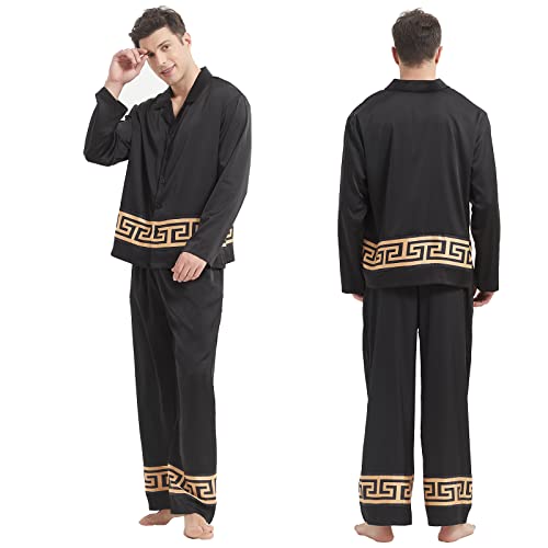 N&D Eyong Men's Luxurious Satin Pajamas Set Silk Like Button Down Sleepwear Classic Loungewear-M Black