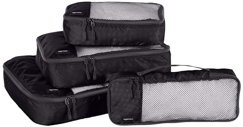 Amazon Basics 4 Piece Packing Travel Organizer Zipper Cubes Set, Small, Medium, Large, and Slim, Black
