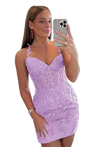 Wchecalino Teens Lace Applique Tulle Homecoming Dresses 2023 Short Tight Sweetheart Formal Mini Prom Cocktail Party Dress for Teens Lilac 28