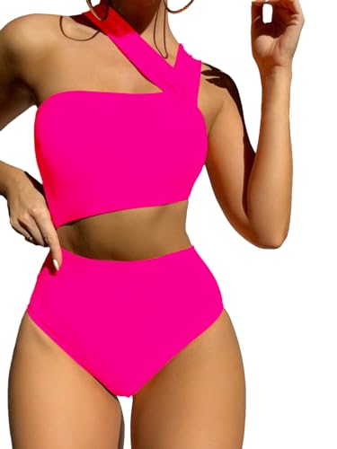 Lilosy Cute Cutout One Shoulder Piece Swimsuit Bikini High Waist Bathing Suit Women Monokini Hot Pink Medium