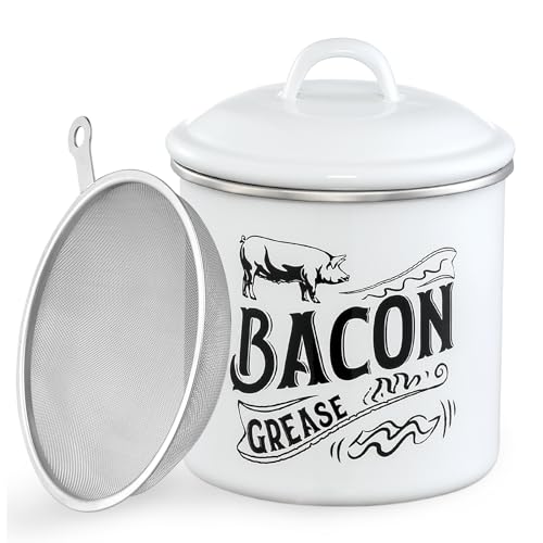 1.3L Bacon Grease Saver Container with Fine Mesh Strainer - Enamel & Stainless Steel Oil Keeper Can for Bacon Fat Dripping - Farmhouse Kitchen Gift & Decor Cooking Accessories - Dishwasher Safe, White