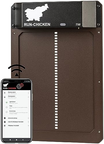 RUN-CHICKEN Door (Brown) Automatic Chicken Coop Door, Programmable with App, Battery Operated, Evening and Morning Delay, Aluminum Door, Electric Chicken Run Door, Model T50