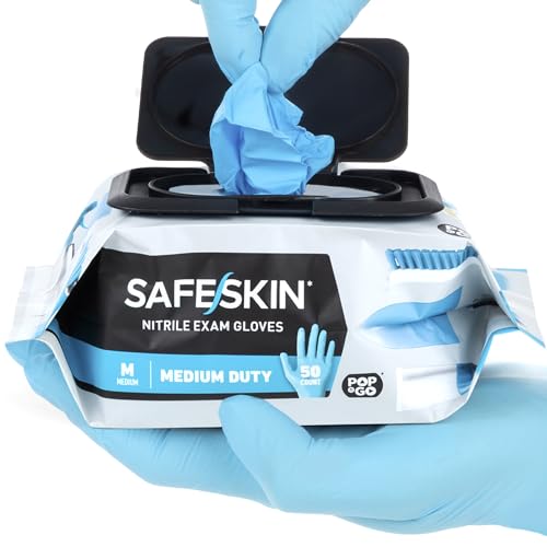 SAFESKIN Nitrile Disposable Gloves in Pack of 50, Medium Duty, Medium Size, Powder Free - Food Handling, First Aid, Cleaning