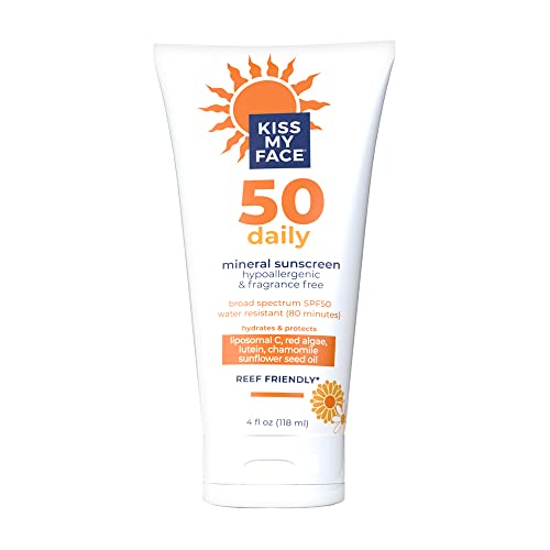 Kiss My Face Daily Sunscreen Lotion SPF 50-Water-Resistant Sunscreen Mineral Lotion-Reef-Friendly & Cruelty-Free -Hypoallergenic And Fragrance-Free With Sunflower Seed Oil and Chamomile - 4 fl oz Tube