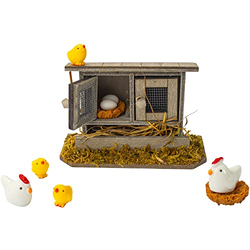 Hiawbon Miniature Retro Wooden Chicken Coop Mini Family Chicken,Hen,Chick,Egg,Chicken Nest Ornament Micro Landscape Fairy Garden Decor