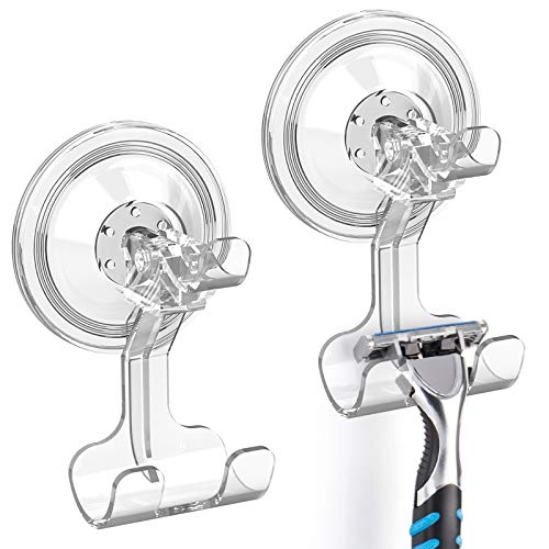 LUXEAR Suction Cup Hooks, 2 Pack Shower Razor Holder Removable & Reusable Suction Hooks for Shower Wall Waterproof Powerful Suction Hanger for Towel Loofah Bathroom Kitchen Storage Hook Wreath Hook